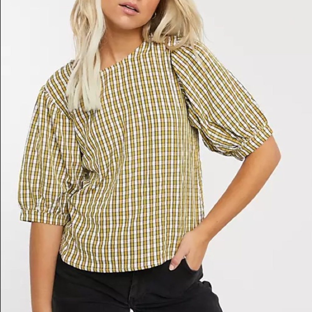PIECES Puff Sleeve Top Yellow Plaid Check Sz M